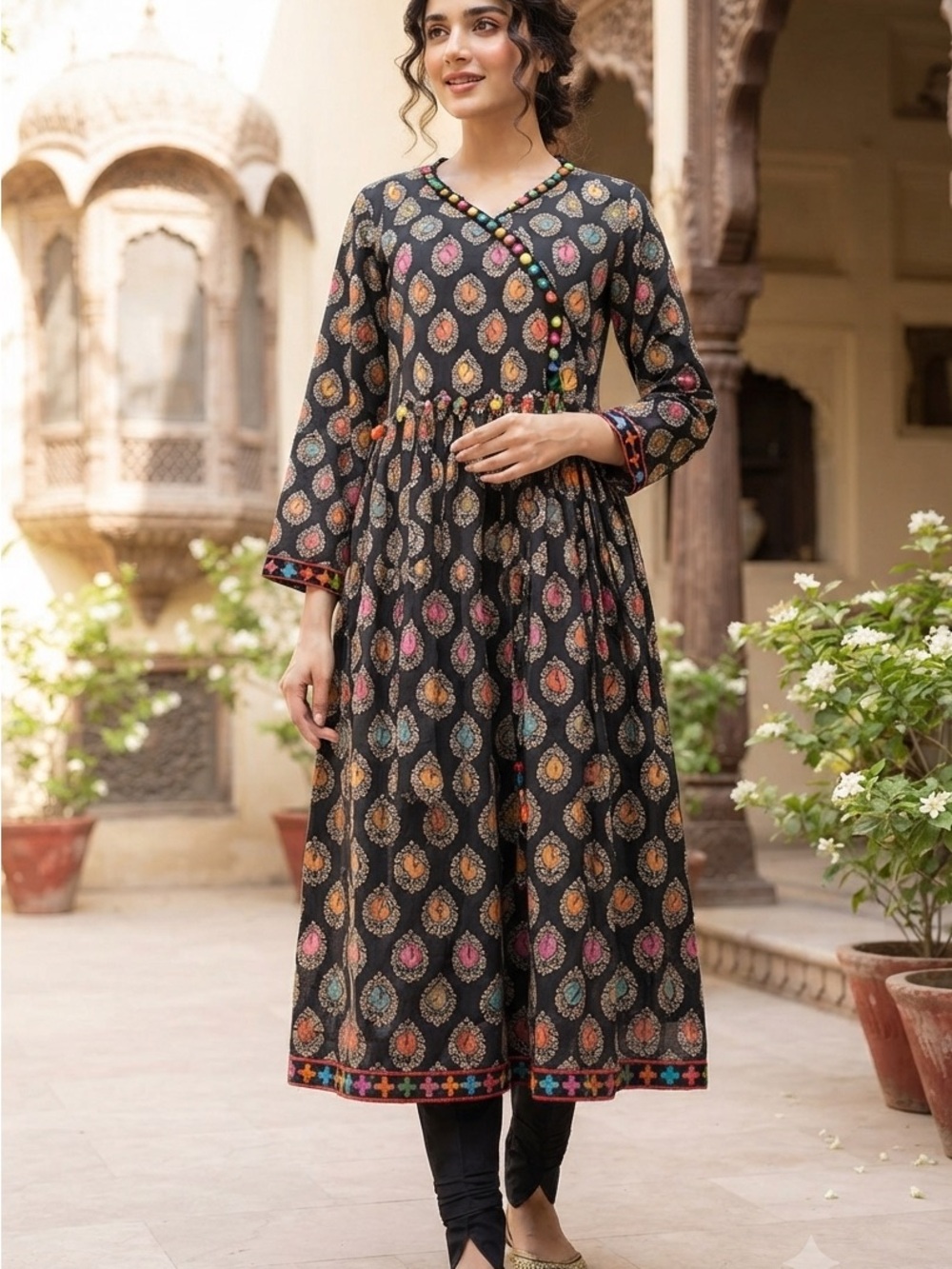 Rang Ja Black Printed Long-Sleeve Pakistani Wrap-Style A-Line Kurta/Dress